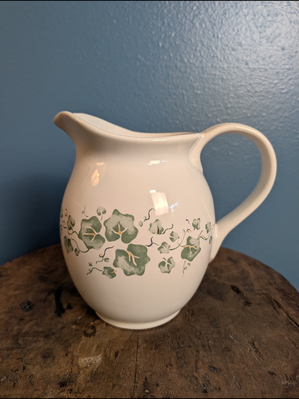 Jay Important Company White Ceramic Pitcher with Green Floral Ivy Vine Design